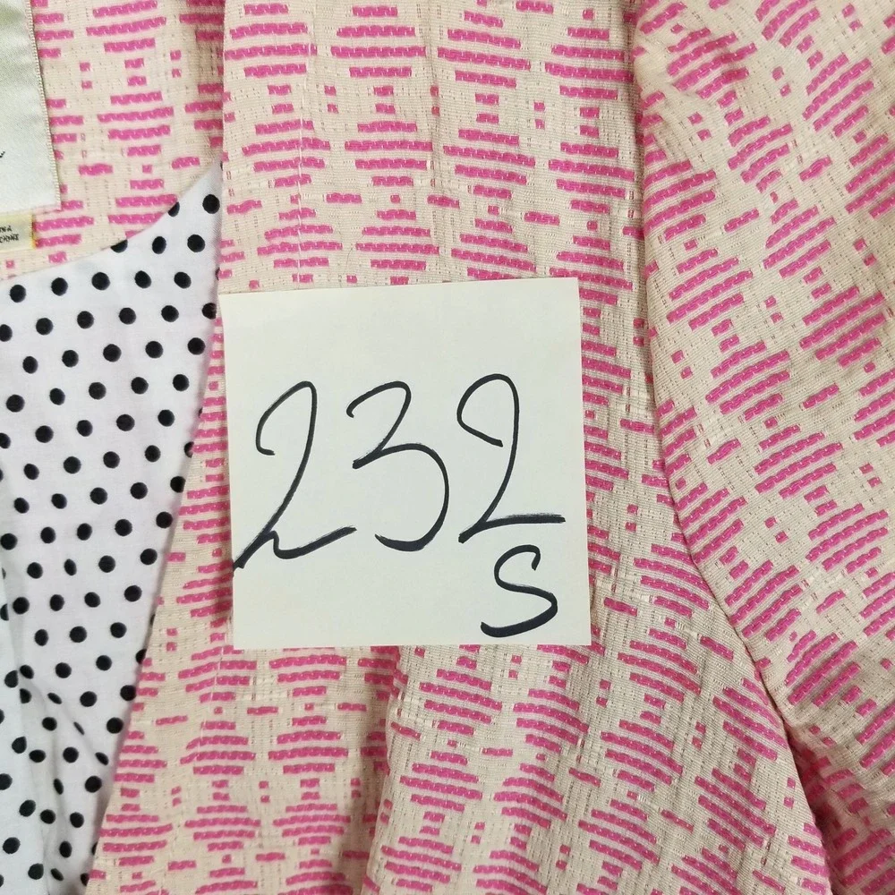 Anthropologie Elevenses Peplum Jacket Women 2 Pink Black Polka Dot Short Sleeve
